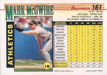 1993 Bowman #161 Mark McGwire Back