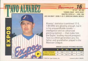1993 Bowman #16 Tavo Alvarez Back