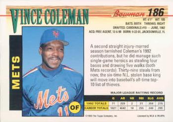 1993 Bowman #186 Vince Coleman Back