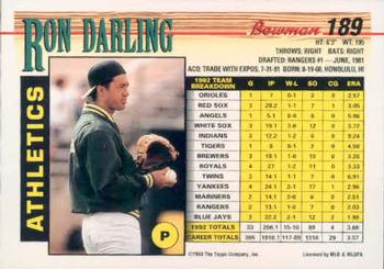 1993 Bowman #189 Ron Darling Back