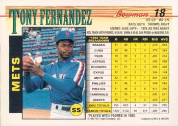 1993 Bowman #18 Tony Fernandez Back
