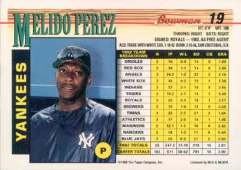 1993 Bowman #19 Melido Perez Back