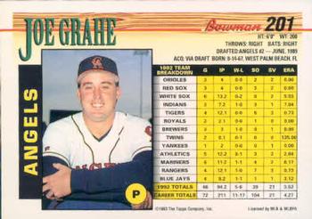 1993 Bowman #201 Joe Grahe Back