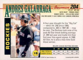 1993 Bowman #204 Andres Galarraga Back