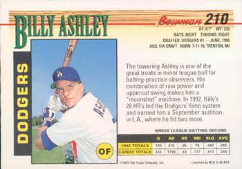 1993 Bowman #210 Billy Ashley Back