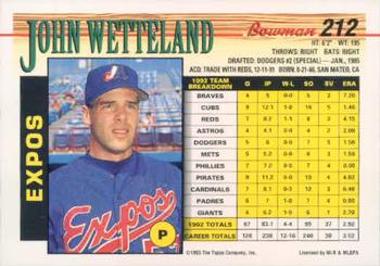 1993 Bowman #212 John Wetteland Back