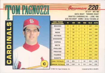 1993 Bowman #220 Tom Pagnozzi Back