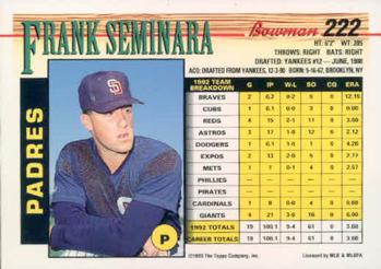1993 Bowman #222 Frank Seminara Back