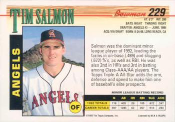 1993 Bowman #229 Tim Salmon Back