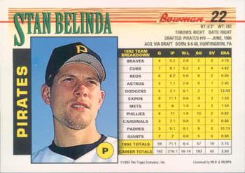 1993 Bowman #22 Stan Belinda Back