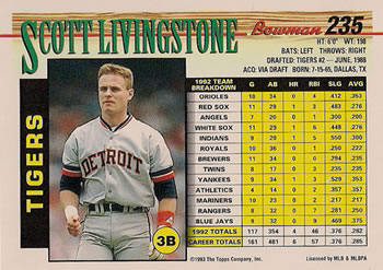 1993 Bowman #235 Scott Livingstone Back