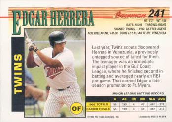 1993 Bowman #241 Edgar Herrera Back