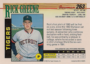 1993 Bowman #263 Rick Greene Back