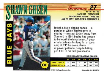 1993 Bowman #27 Shawn Green Back