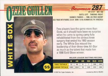 1993 Bowman #287 Ozzie Guillen Back
