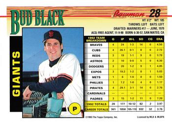 1993 Bowman #28 Bud Black Back