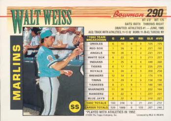 1993 Bowman #290 Walt Weiss Back