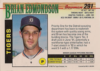 1993 Bowman #291 Brian Edmondson Back