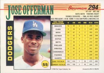 1993 Bowman #294 Jose Offerman Back