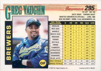 1993 Bowman #295 Greg Vaughn Back