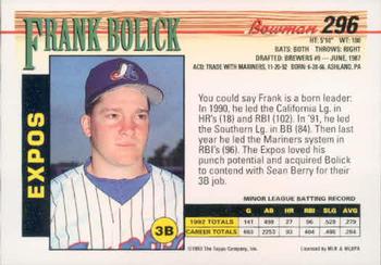 1993 Bowman #296 Frank Bolick Back