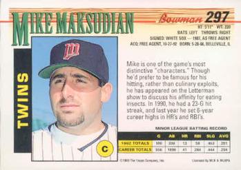 1993 Bowman #297 Mike Maksudian Back
