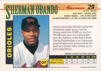 1993 Bowman #29 Sherman Obando Back