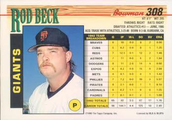 1993 Bowman #308 Rod Beck Back