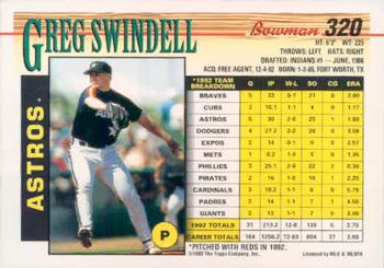 1993 Bowman #320 Greg Swindell Back