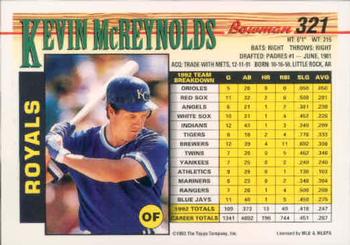 1993 Bowman #321 Kevin McReynolds Back