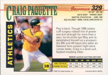 1993 Bowman #329 Craig Paquette Back