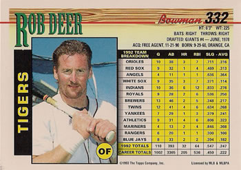 1993 Bowman #332 Rob Deer Back