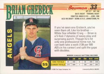 1993 Bowman #33 Brian Grebeck Back