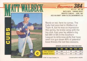 1993 Bowman #384 Matt Walbeck Back