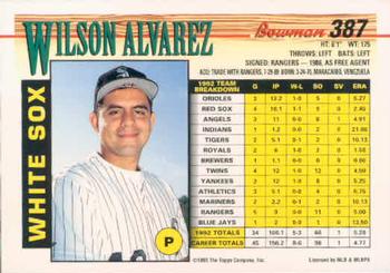 1993 Bowman #387 Wilson Alvarez Back