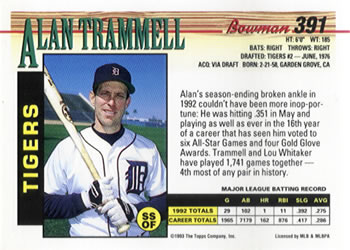 1993 Bowman #391 Alan Trammell Back