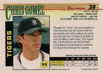 1993 Bowman #39 Chris Gomez Back