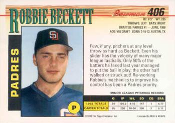 1993 Bowman #406 Robbie Beckett Back