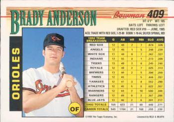 1993 Bowman #409 Brady Anderson Back