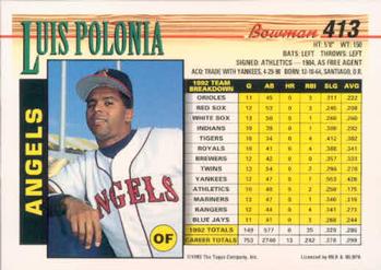 1993 Bowman #413 Luis Polonia Back