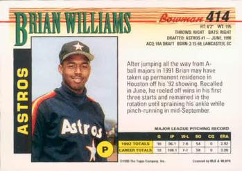 1993 Bowman #414 Brian Williams Back