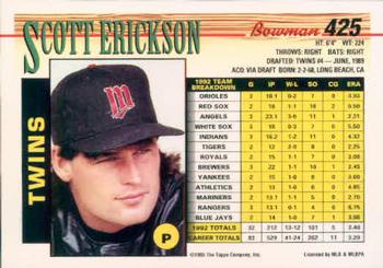 1993 Bowman #425 Scott Erickson Back