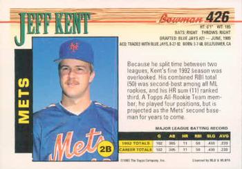 1993 Bowman #426 Jeff Kent Back