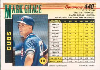1993 Bowman #440 Mark Grace Back