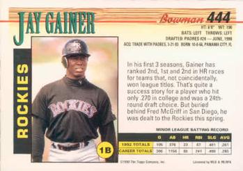1993 Bowman #444 Jay Gainer Back