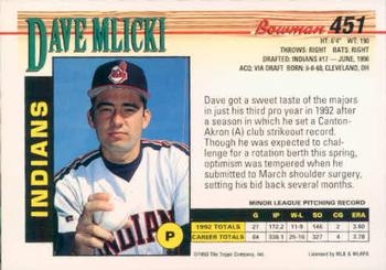 1993 Bowman #451 Dave Mlicki Back