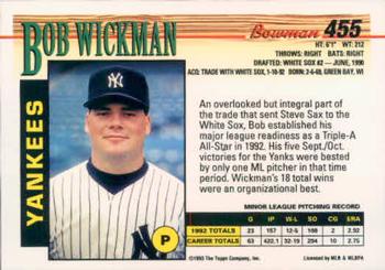 1993 Bowman #455 Bob Wickman Back