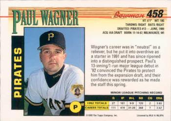 1993 Bowman #458 Paul Wagner Back