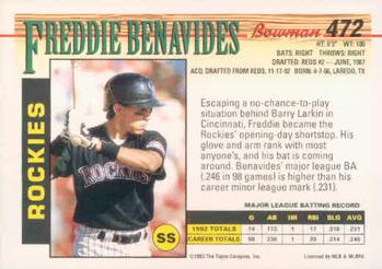 1993 Bowman #472 Freddie Benavides Back