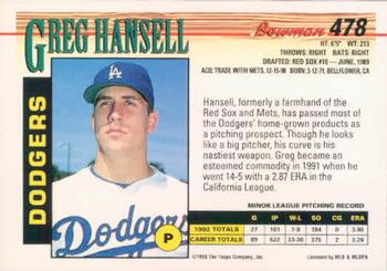 1993 Bowman #478 Greg Hansell Back